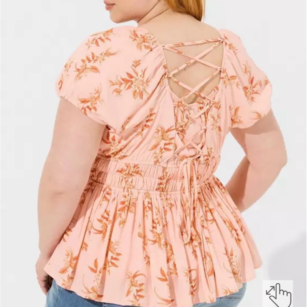 torrid Peach Floral Lace-Up Back Peplum Blouse